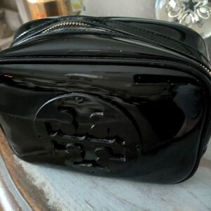 Tory Burch Black Stacked Patent Leather Medium Cosmetic Bag Case